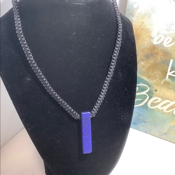 Hand Crafted Jewelry - Lapis lazuli choker macrame adjustable black cord crystal necklace handmade